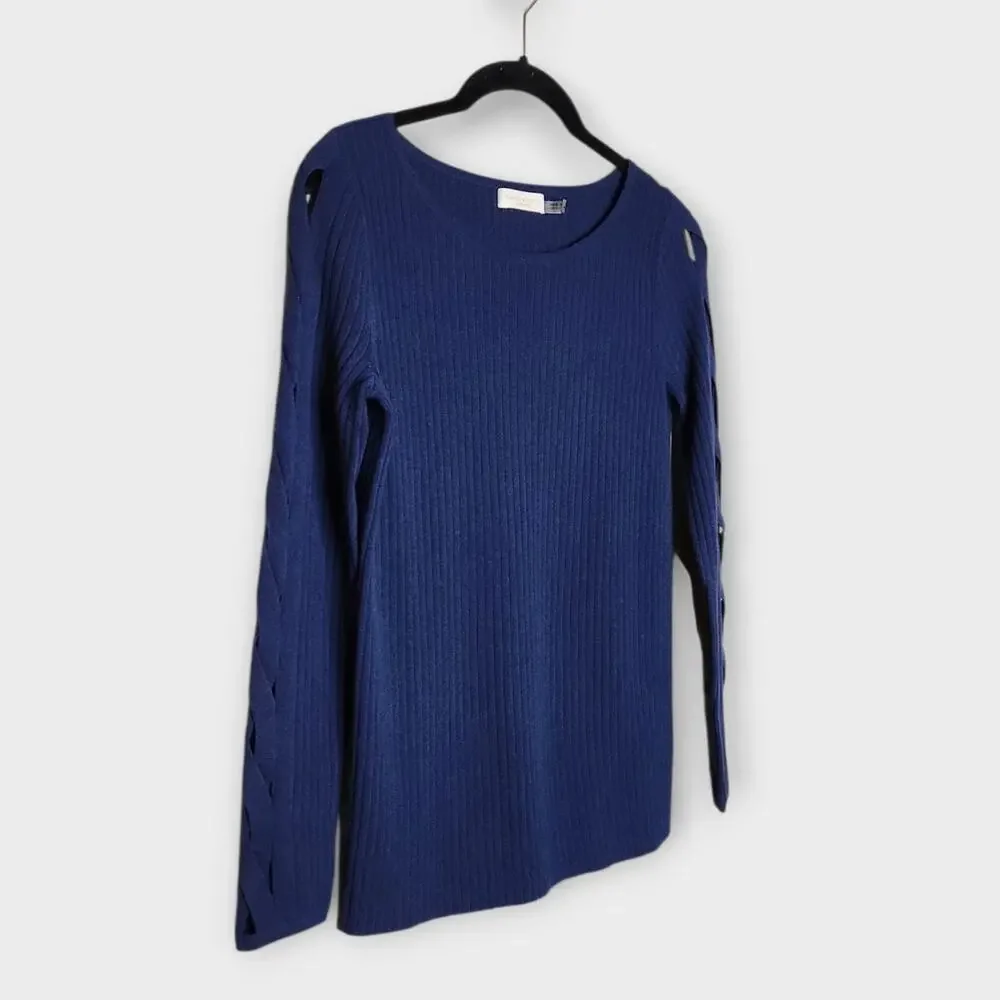Ramy Brook Kimila Navy Rib Knit Cutout Sleeve Sweater Top Boat Neck Womens XS
